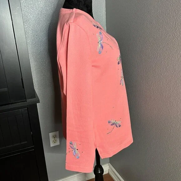 Quacker Factory Sweater Top Large Dragonfly Embellished Coral Pink 2-in-1 - Picture 6 of 8